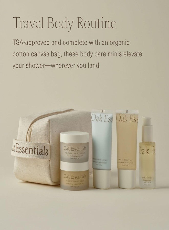 Oak Essentials Travel Body Routine | TSA-Friendly Mini Body Care Set with Wash, Scrub, Lotion, Oil, & Balm + Linen Travel Bag - Image 2